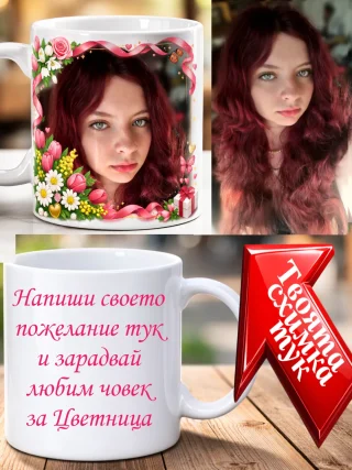 Чаша с ваши текст и снимка за Цветница.
