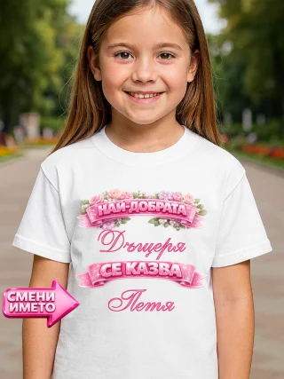 Тениска с надпис Най-добрата /ваш текст/ се казва /ваше име/ с цветя.